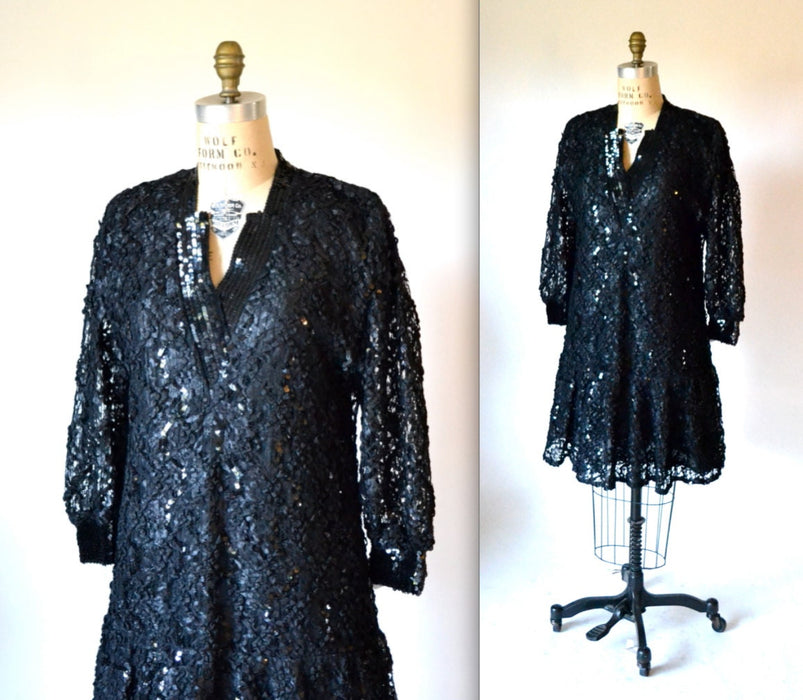80s Vintage Black Dress Lace Sequin Dress Damianou SIze Medium Large// 80s does 20s Flapper Dress Size Large Black Party Dress Size Large