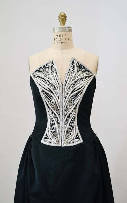 Vintage Bob Mackie Black Evening Ball Gown Small Medium Black Beaded Strapless Evening Gown Dress 90s 00s Dress Beaded Strapless Ball Gown
