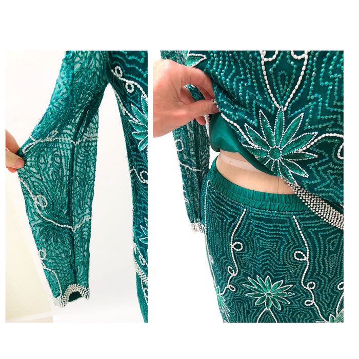 80s 90s Vintage Sequin Top Skirt Dress Set Beaded Skirt Top Dress Medium Blue Green Teal  80s 90s Party Dynasty Flapper Costume