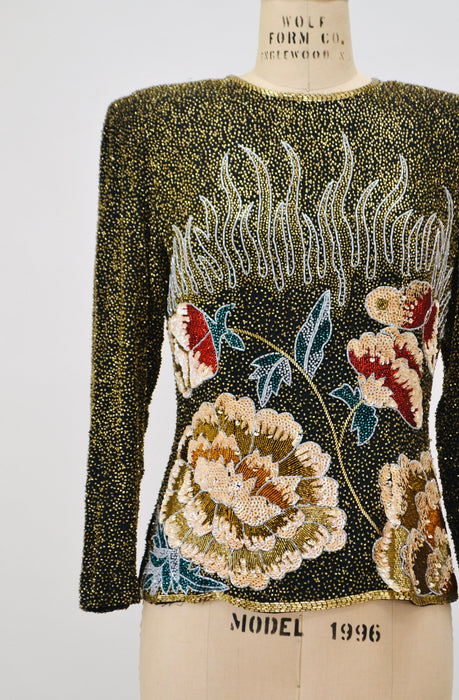 80s 90s Vintage Beaded Shirt Top Gold Floral Sequin Top Flowers// Vintage Beaded Party Top Flower Sequins Christmas Xmas New Years Party Top