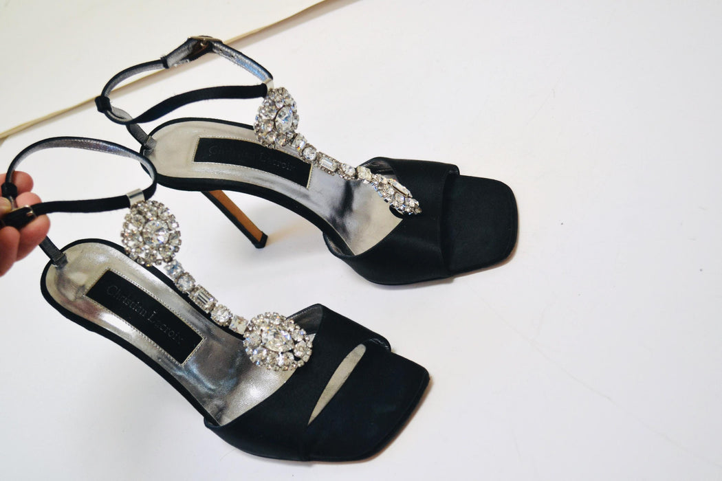 Vintage 00s Black Rhinestone High Heel Sandals Size 7 37 By Christian Lacroix 90s Rhinestone High Heel Sandals Strapy Wedding Shoes