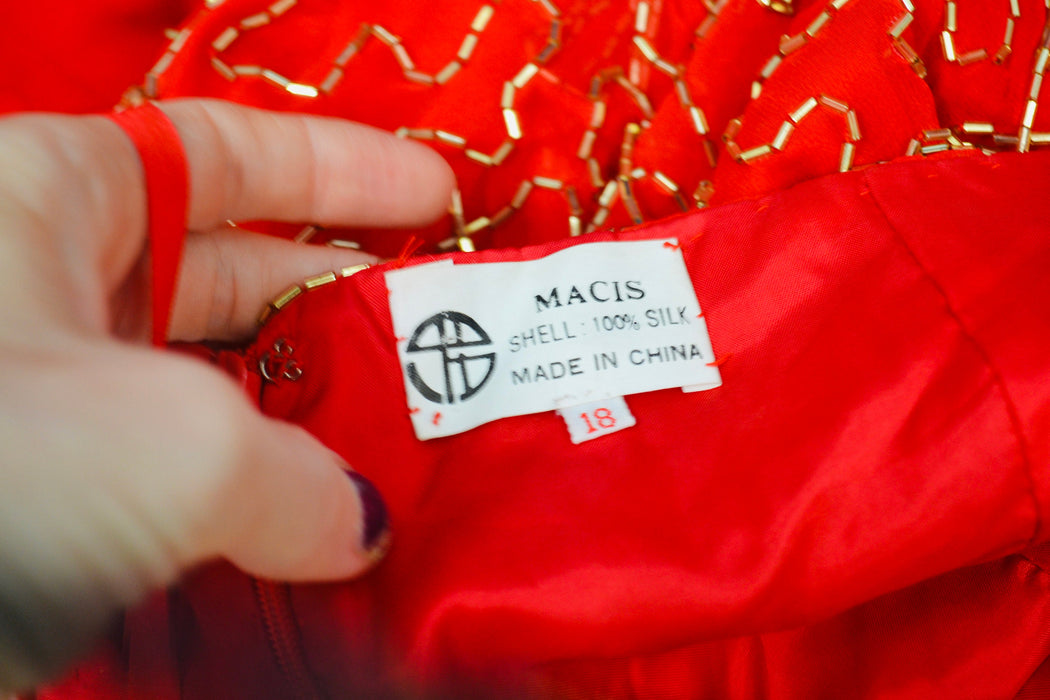 Stunning 80s 90s Vintage Red Beaded Dress Medium Large// 80s 90s Red Beaded Fringe Pageant Dress Halter Neck Showgirl Red Silk Chiffon Dress