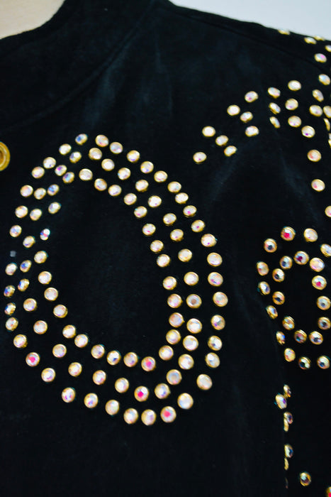 90s Vintage Black Leather Jacket Gold Studded Rhinestone Jacket By Kathrine Baumann  Black Suede 80s Glam LOVE Leather Jacket Medium Large