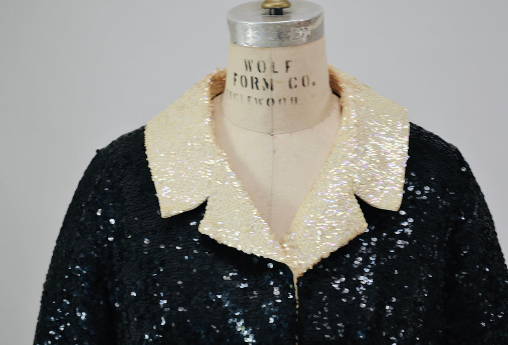 50s 60s Vintage Black Sequin Dress and Jacket Small Medium 1950s 60s Wedding Cocktail Sequin Dress Jacket Suit Miss Ruth Cream Sequin Collar