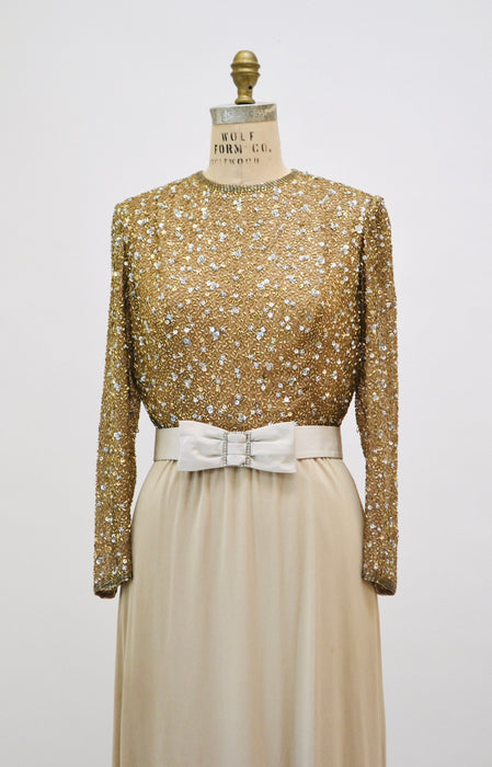 70s 80s Gold Sequin Metallic Dress Gown Wedding Dress 70s Gold Silver Beaded Dress Medium By Claire Pearone// 70s Vintage Beaded Gold Dress