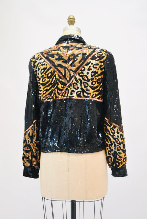 Vintage Sequin Jacket Black with Leopard Cheetah Animal Pattern// 80s 90s Vintage Black Sequin Beaded Jacket Animal The Icing Small Medium