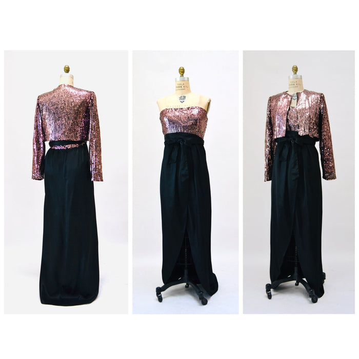 70s Vintage Pink Black Sequin Gown Dress Sequin Jacket By Estevez Strapless Sequin Dress Gown Pink Sequin Jacket Disco Party Medium