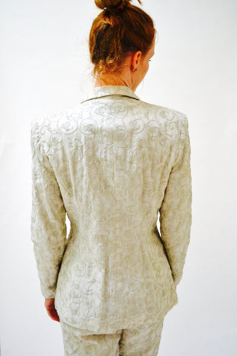 90s 00s Vintage Embroidered Linen Suit Jacket Pants in Khaki Tan Small Medium By Richard Mishann // 90s Vintage Linen Suit Jacket Pants