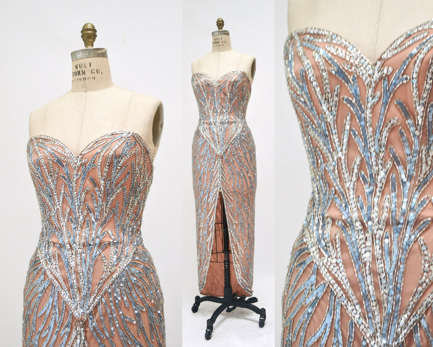 80s 90s Vintage Silver Cream Blue Beaded Sequin Gown Dress Small Medium By Bob Mackie Silk// Vintage Wedding Gown Sequin Strapless Beach
