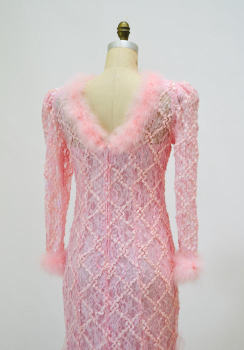 80s Vintage Pink Sequin Feather Dress Gown Pat Richards Medium// 80s 90s Vintage Pink Prom Barbie Bridesmaid Party Dress Gown Pink Princess