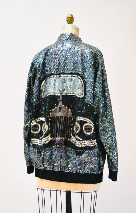 80s 90s Vintage Sequin Jacket with Rolls Royce Car Hologram Sequin Jacket small// Vintage Black Sequin Bomber Jacket Small Medium by Modi