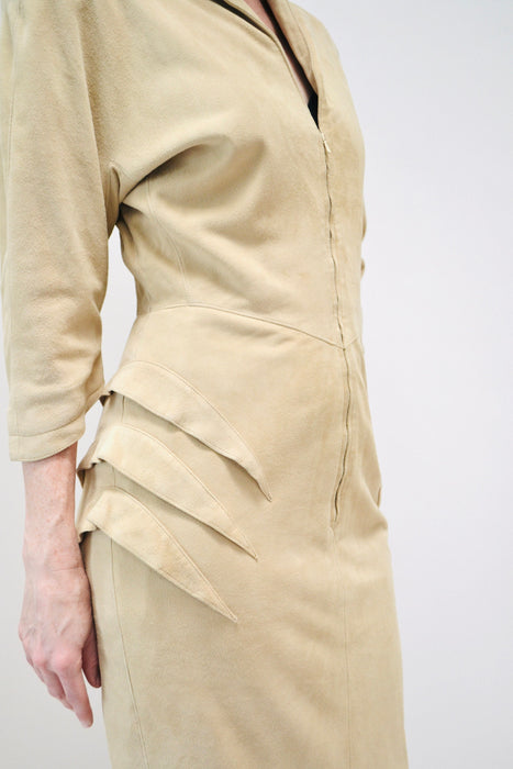 80s 90s Vintage Thierry Mugler Leather Dress Spring Summer 1989 Thierry Mugler Paris Tan Sueded Leather Dress Small Medium 24 Woman Dress