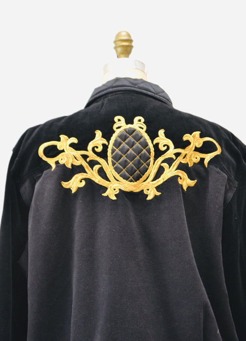 Vintage 80s 90s Black Gold Denim Jacket Quilted Black Jacket By  Laurel Medium Large// Vintage Black Gold Denim Satin Jacket Made in Italy