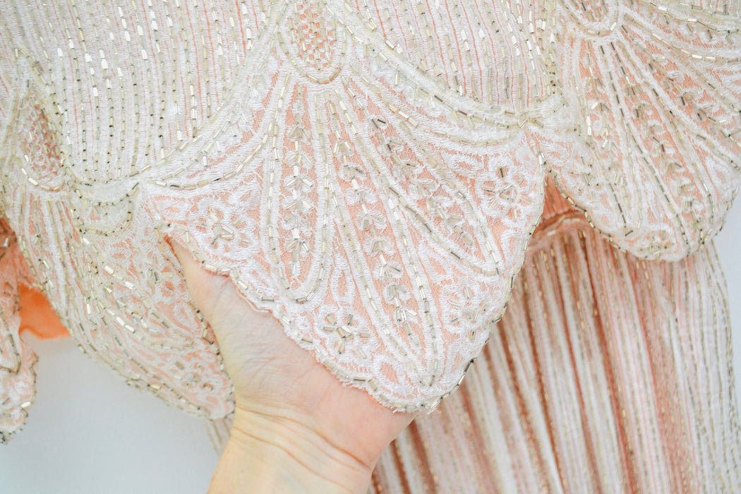 70s Vintage Alfred Bosand Pink Beaded Lace Dress and Capelet White Silver // Vintage White Lace Wedding Dress Evening Gown Beaded Shawl