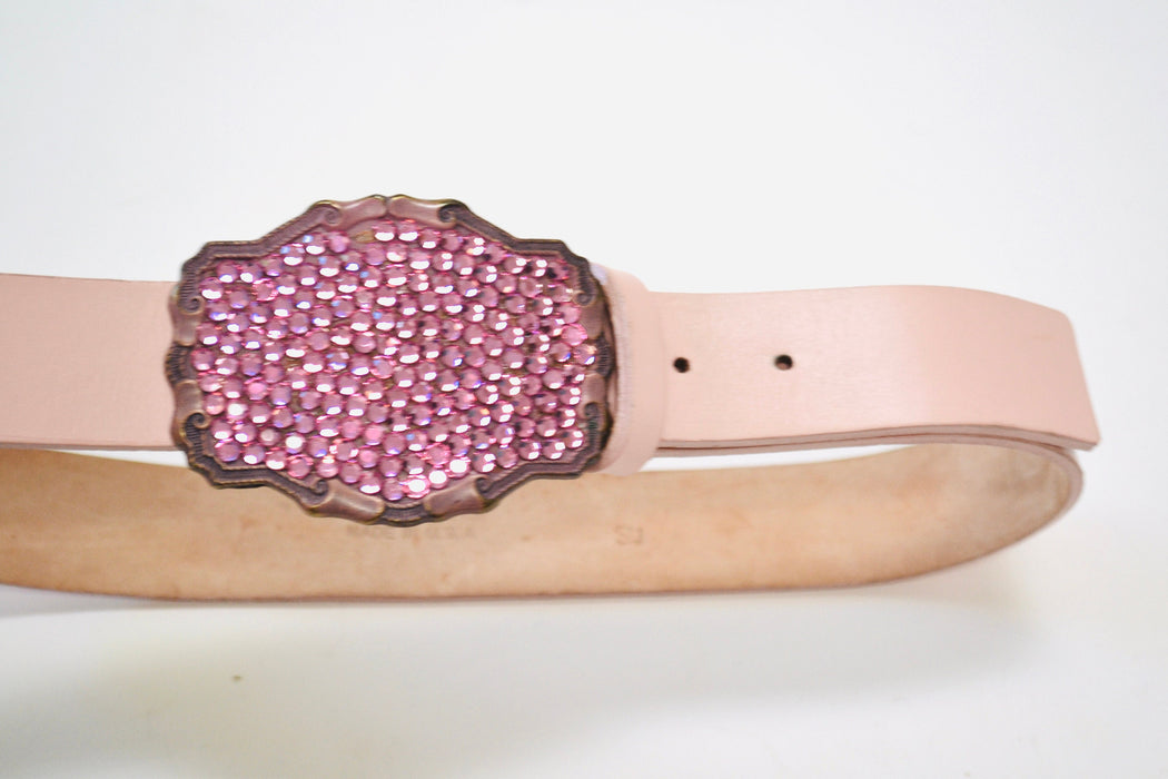 Y2K 2000s Pink Rhinestone Leather Belt Pink Crystal Belt Buckle Pink Leather Belt Size Small Medium Pink Rhinestone cowgirl Belt 33-37"