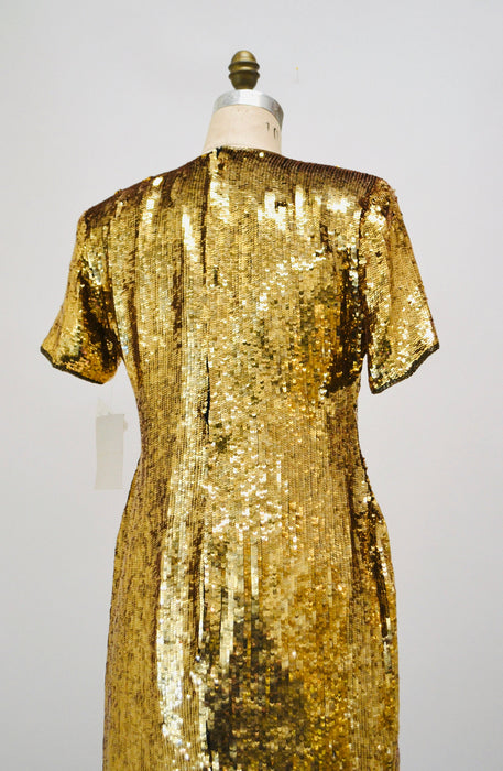 80s 90s Vintage Gold Sequin Dress Vintage Gold Metallic Dress Small Medium// Sequin Dress Flapper Inspired Cher Dress 80s Glam