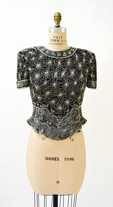 90s 00s Vintage Black Metallic Silver Beaded Sequin Top Shirt Medium Daisies Flowers// Vintage Sequin Beaded Top Medium Flapper Inspired