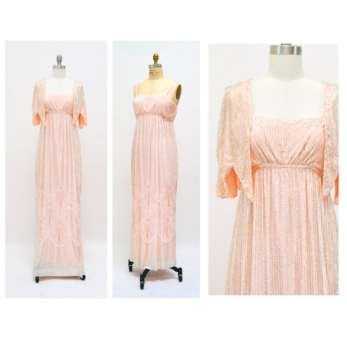 70s Vintage Alfred Bosand Pink Beaded Lace Dress and Capelet White Silver // Vintage White Lace Wedding Dress Evening Gown Beaded Shawl