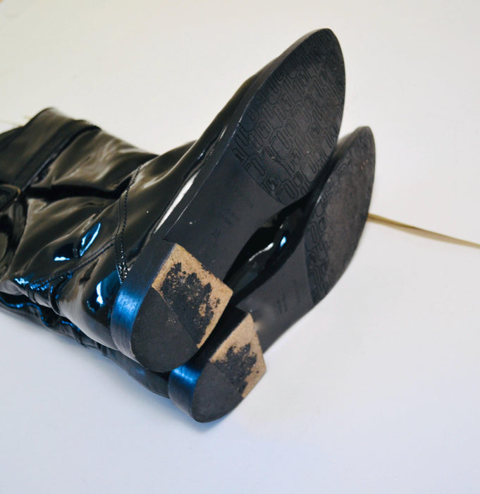 90s 2000s Black Patent Leather Knee High Boots 39 8 8 1/2 Sergio Rossi Made in Italy// Vintage Black Patent leather Knee High Flat boots