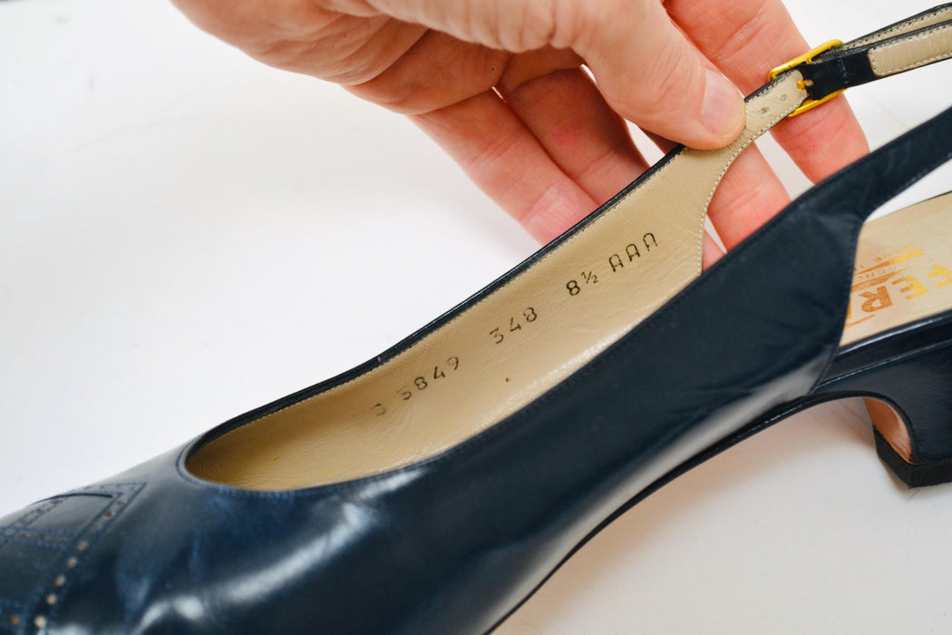 Vintage Salvatore Ferragamo Navy Blue Low High Heels Shoes 8 1/2 AAA Navy Blue Leather Sling Back High Heel Vintage Ferragamos Made in Italy