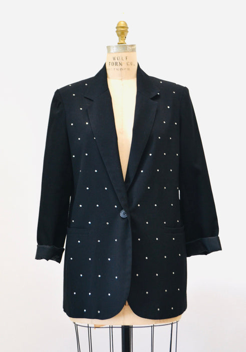 80s 90s Vintage Black Rhinestone Metallic Jacket Metallic Blazer Jacket Medium// 80s 90s Black Rhinestone Rockstar Glam Jacket Medium