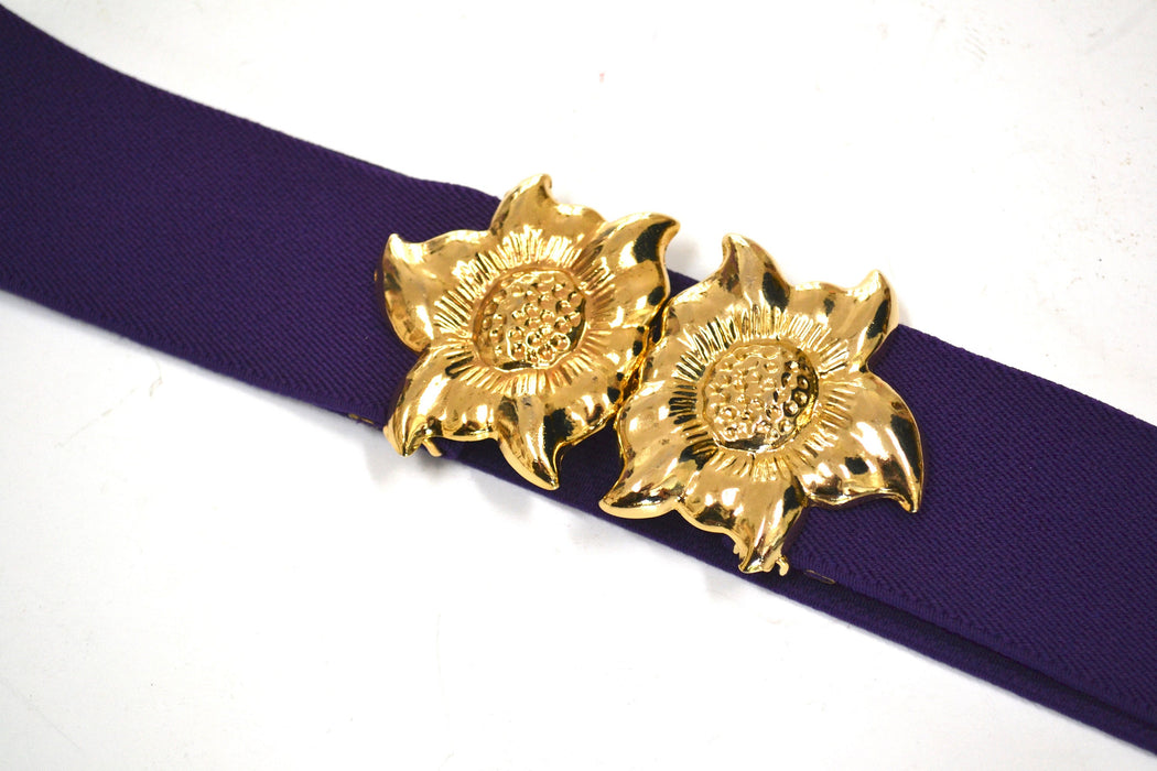 80s 90s Vintage Gold Flower Belt Buckle Purple Stretch Elastic Belt Gold Flower Metal Belt Small Medium Large XL Purple Flower Wedding Belt