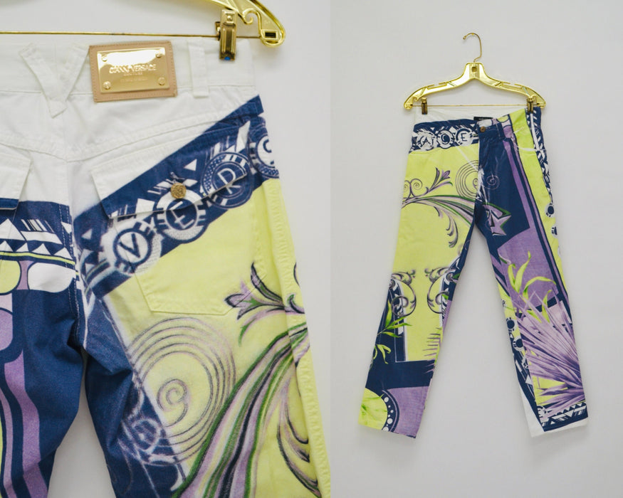 90s Vintage Versace Pants Jeans White Blue Yellow Printed Versace Pants Size 32 Italian Vintage Fashion Designer Size Small Medium