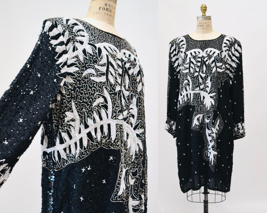 80s GLAM Vintage Black White Sequin Party Dress XL X Large// Vintage Black Sequin Dress Flapper Disco 3X Plus Size Vintage Beaded dress