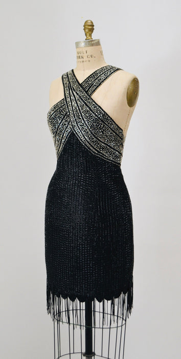 90s Vintage Black Silver Beaded Fringe Showgirl Dress Small Medium // 90s Black Silver Beaded Tank Dress Party Fringe Dress Flapper Dress