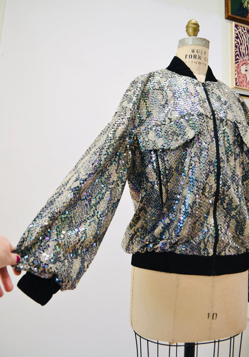 90s Vintage Sequin Bomber Track Jacket Black Grey Sequin Snake Python Jacket Small Medium// 90s Party sequin Jacket Snake Print Criscione