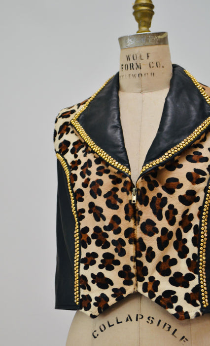 80s 90s Vintage Studded Black Leather Animal Print Vest Gold Leather Vest By Kippys XL Large Gold Studded Animal Print Black Leather Vest