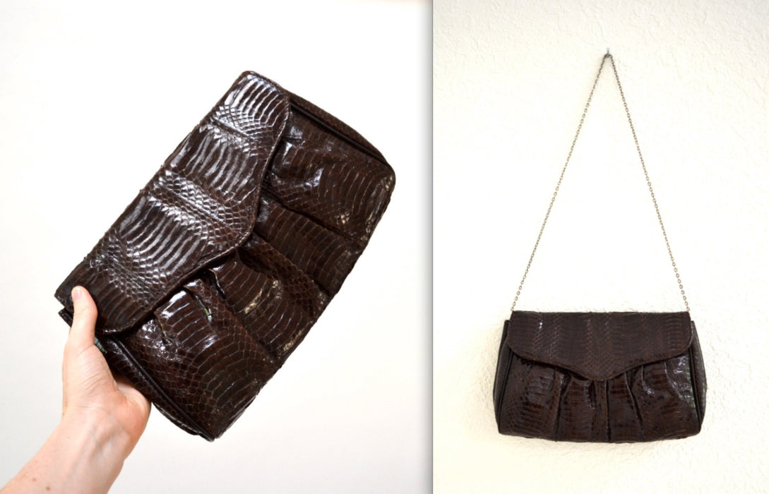 70s 80s Vintage Brown Leather Clutch Snakeskin Python// Brown Patent Leather Snake Skin Bag Purse by Timothys Collection