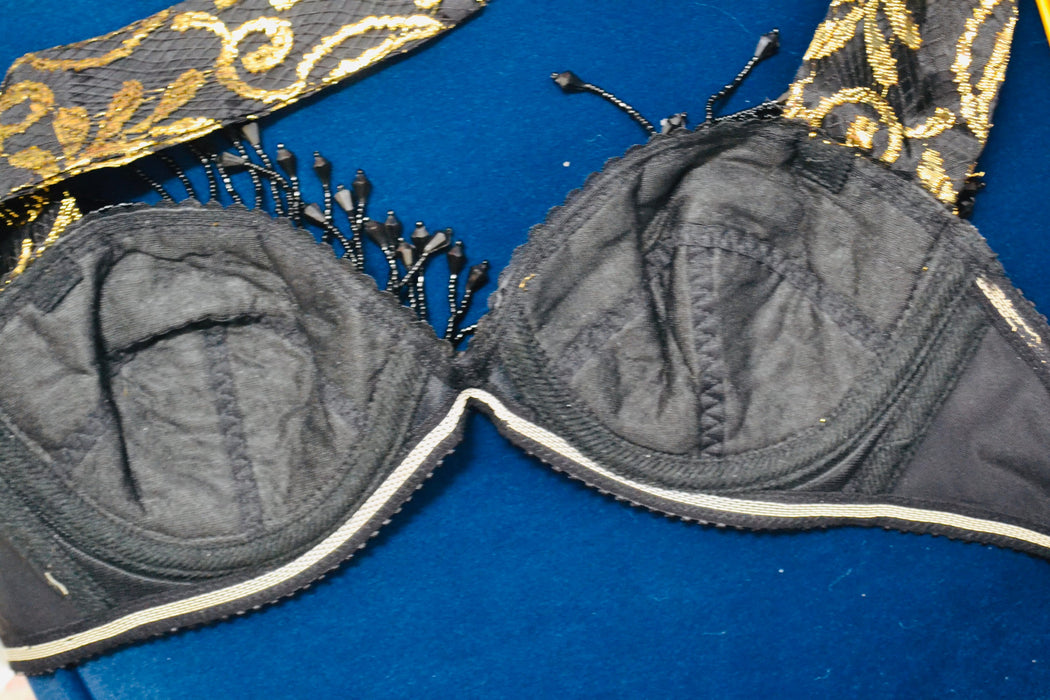 80s 90s Black Lace Bra Showgirl Beaded Fringe Halter neck Bra Crop Top Gold beaded fringe top 80s Madonna Costume top Black Lace Fringe Bra