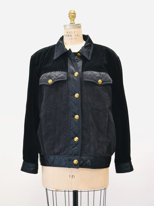 Vintage 80s 90s Black Gold Denim Jacket Quilted Black Jacket By  Laurel Medium Large// Vintage Black Gold Denim Satin Jacket Made in Italy