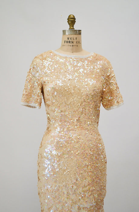 90s Vintage Sequin Dress Cream Off White Sequin Dress Small Medium// 90s Sequin Wedding Party Cocktail Dress Short Sleeve Lillie Rubin