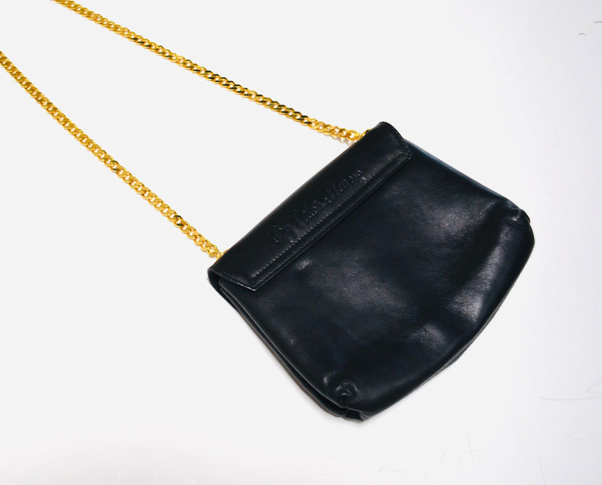 90s Vintage Black Leather Purse Bag By Paloma Picasso//  Black Leather Gold Chain Cross Body Bag Small Black Leather Bag Made in Italy
