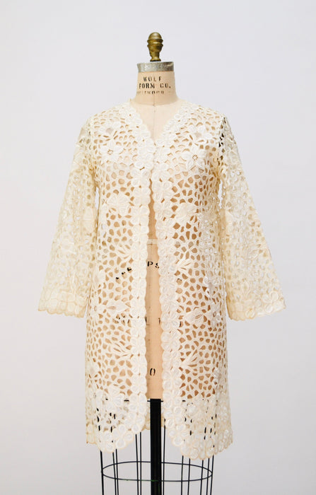 Vintage Cream Off White Cotton Eyelet lace Jacket Duster Cream Lace Jacket Beach Cover up Small Medium Lace Beach Wedding Jacket Rustans