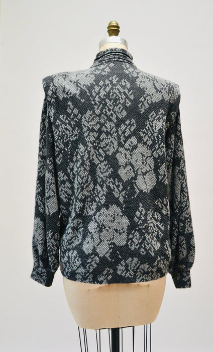 80s Vintage St. John Black Gray Sweater Pull OVer Cashmere Wool Sweater Jumper Floral Jacquard Medium 8 St John Vintage Mock Neck Sweater