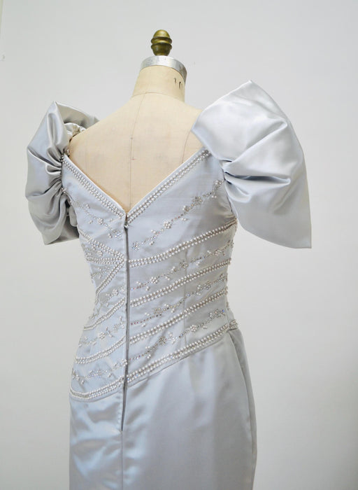 Vintage 80s 90s Evening Gown Wedding Dress Grey Silver Rhinestone Small Poof Sleeve Dress// Vintage Grey Dynasty Pageant Dress Rose Taft