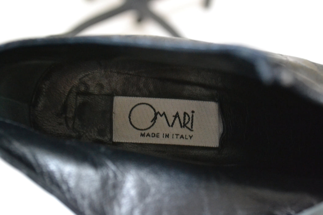 90s 00s Black Patent Leather Cropped High heel Boots 37 1/2 7 1/2 by Omari Made in Italy Cropped Reptile Patent Leather Booties Size 37 1/2