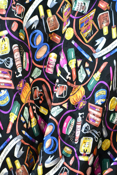 VIntage Nicole Miller Silk Scarf with Makeup Lipstick Stylist// Extra Large Silk Scarf with beauty lipstick makeup Fashion Print