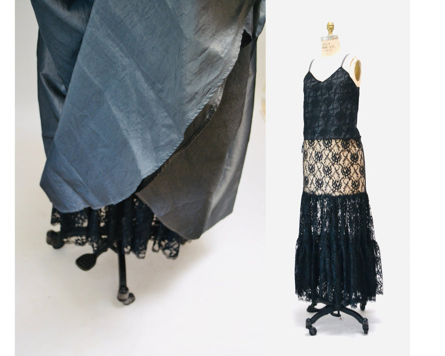 Vintage 80s 90s Black Grey lace Crinoline Skirt and Top Small Medium 80s Prom Madonna Dress// 80s Grey Taffeta Lace Party Dress Skirt Top