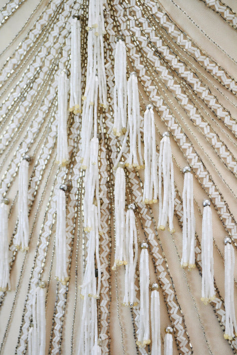 80s 90s Vintage Silver White Cream Beaded Gown Dress Medium Large By Bob Mackie Silk// Vintage Wedding Gown Beaded Fringe Art Deco Gown