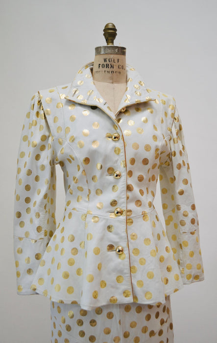 80s Vintage White Gold Polka Dot Leather Jacket and Skirt Set Jacket Lillie Rubin Medium Large 80s Glam Wedding Leather Suit Jacket Skirt
