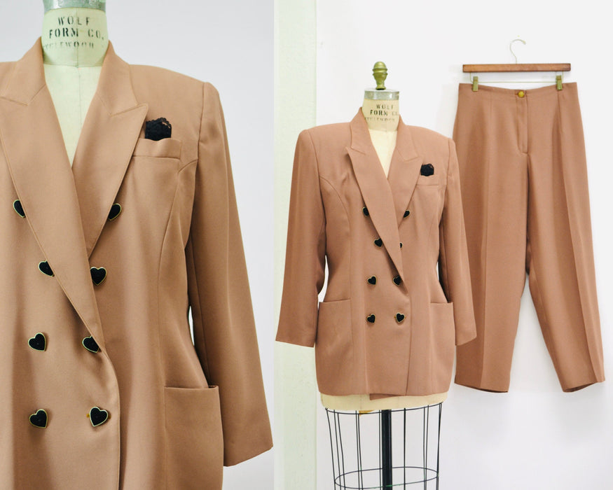 90s Vintage Brown Heart Jacket Blazer Suit with Heart Love Buttons Tan Blazer 80s 90s Glam Power Suit Medium Large Criscione 90s Suit
