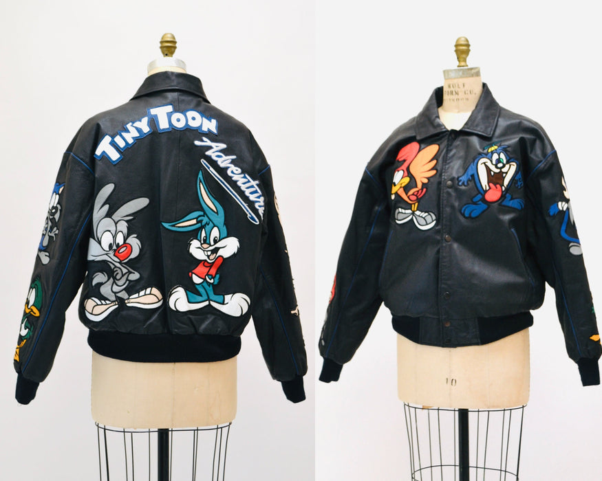 80s 90s Vintage Tiny Toons Adventures Leather Jacket Looney Tunes Cartoon Large Montana Toons Leather Jacket Warner Bros Taz Bugs Bunny