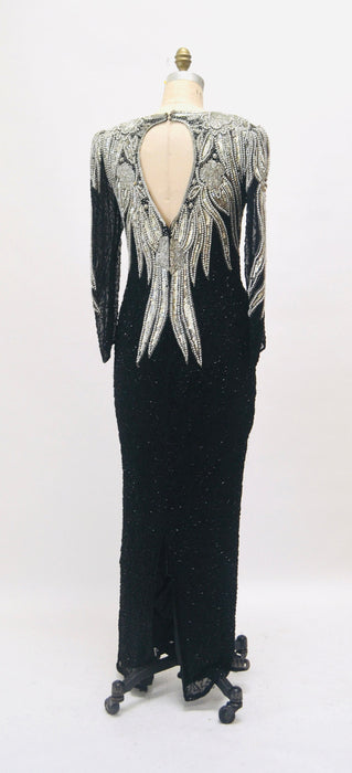 70s 80s GLAM Vintage Black Silver Beaded Sequin Evening Gown Small Medium // 80s 90s Pageant Drag Queen Black beaded Dress Gown Small Medium
