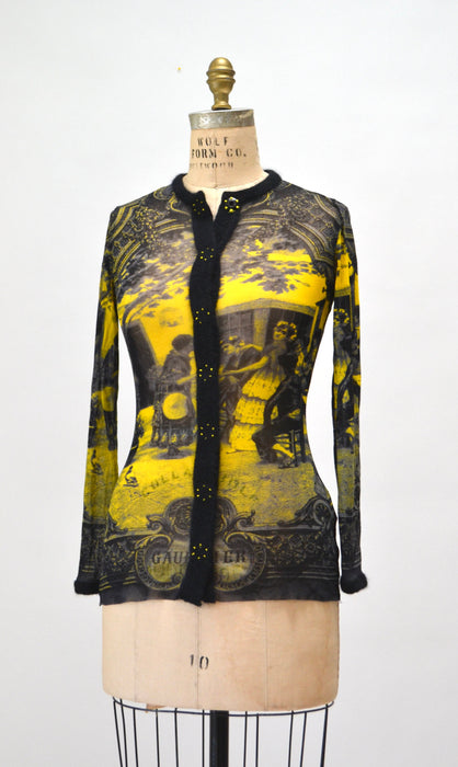 00s Jean Paul Gaultier Mesh Shirt long sleeve Spanish Black Yellow Cardigan Mesh Sheer Shirt Pop Art Fashion Party top Jean Paul Gaultier