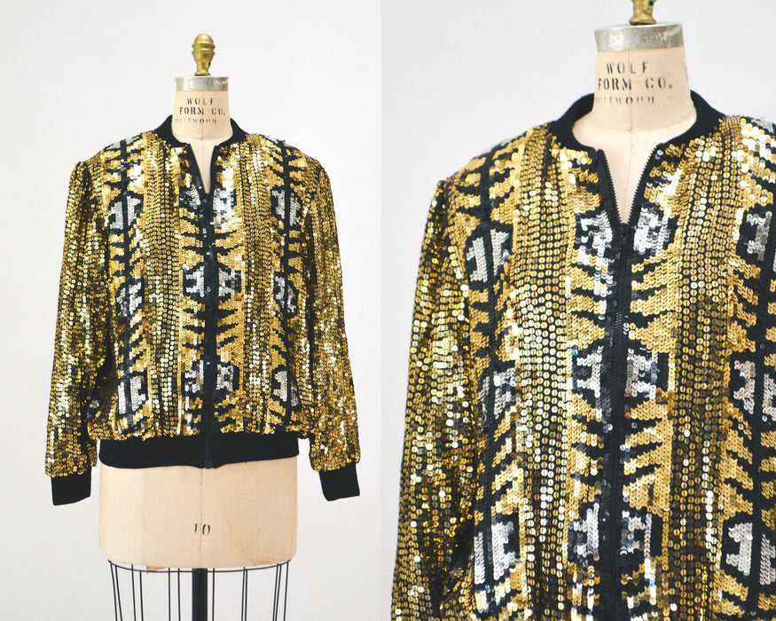 Vintage 80s 90s Gold Sequin Party Bomber Jacket Metallic Jacket Medium large// Vintage 80s 90s Party Metallic Gold Silver Sequin Jacket