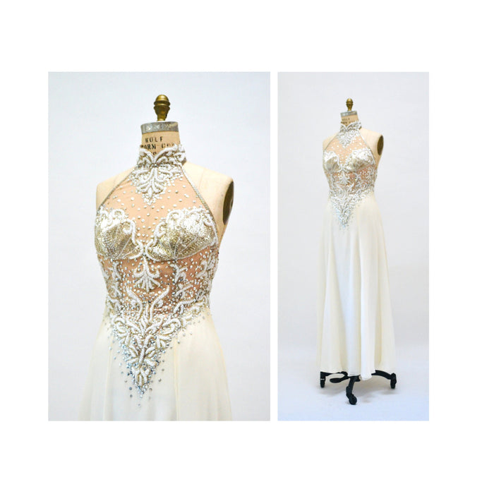 80s 90s Vintage Silver Cream Beaded Sequin Gown Dress Small Stephen Yearick Silk // Vintage Beach Mermaid Wedding Gown Dress Halter neck